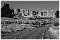 Road, Courthouse wash and Courthouse towers. Arches National Park, Utah, USA. (black and white)