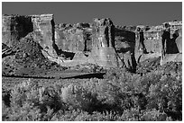 Courthouse wash and Courthouse towers in autumn. Arches National Park, Utah, USA. (black and white)