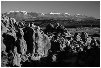 Fiery Furnace and La Sal Mountains. Arches National Park, Utah, USA. (black and white)