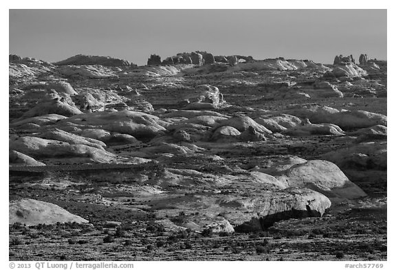 Sandstone domes with arch in background. Arches National Park, Utah, USA.