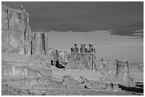 Three Gossips and Courthouse towers, early morning. Arches National Park, Utah, USA. (black and white)