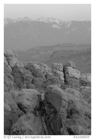 Fiery Furnace and La Sal Mountains at sunset. Arches National Park (black and white)