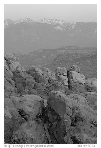 Fiery Furnace and La Sal Mountains at sunset. Arches National Park, Utah, USA.