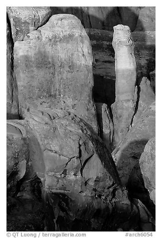 Fiery Furnace rock formations at sunset. Arches National Park (black and white)