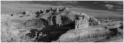 Delicate Arch above Winter Camp Wash. Arches National Park (Panoramic black and white)