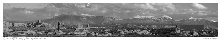 Windows, fins, and La Sal Mountains. Arches National Park, Utah, USA.