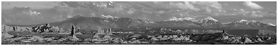 Windows, fins, and La Sal Mountains. Arches National Park (Panoramic black and white)