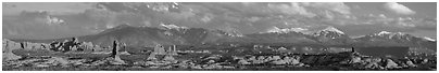 Windows, fins, and La Sal Mountains. Arches National Park, Utah, USA. (black and white)