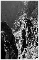 Pinnacles and spires, Island peaks view, North rim. Black Canyon of the Gunnison National Park, Colorado, USA. (black and white)