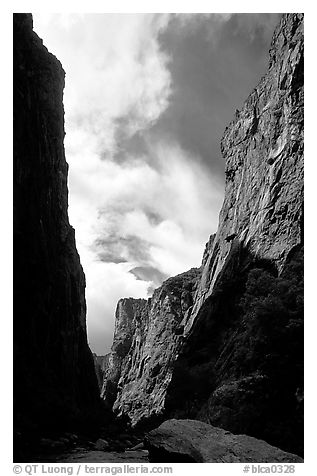 View of canyon walls from  Gunisson river. Black Canyon of the Gunnison National Park (black and white)