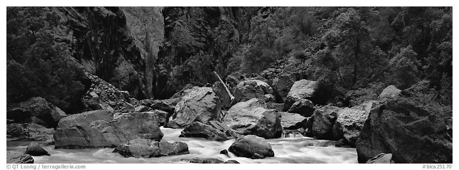 Gunnisson River and boulders in gorge. Black Canyon of the Gunnison National Park (black and white)