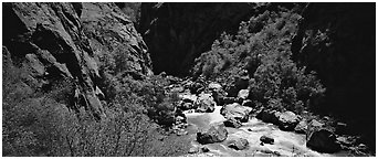 Gorge bottom and Gunnisson River. Black Canyon of the Gunnison National Park (Panoramic black and white)