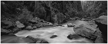 River flowing at bottom of narrows. Black Canyon of the Gunnison National Park (Panoramic black and white)
