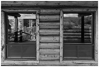 Oak Flats, South Rim visitor center window reflexion. Black Canyon of the Gunnison National Park, Colorado, USA. (black and white)