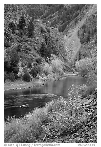 Gunnison river in autumn, East Portal. Black Canyon of the Gunnison National Park (black and white)