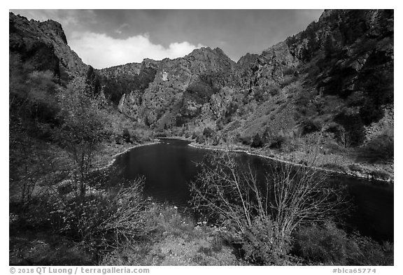 Gunnison River and cliffs at East Portal in autumn. Black Canyon of the Gunnison National Park (black and white)