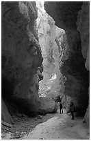Hikers in Wall Street Gorge. Bryce Canyon National Park, Utah, USA. (black and white)