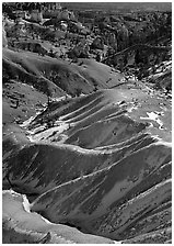 Hill ridges and snow in Bryce Amphitheatre. Bryce Canyon National Park, Utah, USA. (black and white)