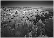 View of Bryce Amphitheater hoodoos from Sunset Point at dusk. Bryce Canyon National Park, Utah, USA. (black and white)