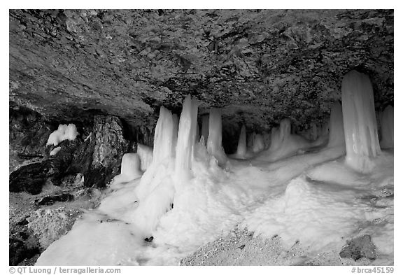 Thick ice columns in Mossy Cave. Bryce Canyon National Park (black and white)