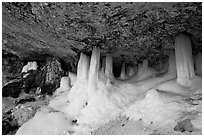 Thick ice columns in Mossy Cave. Bryce Canyon National Park, Utah, USA. (black and white)