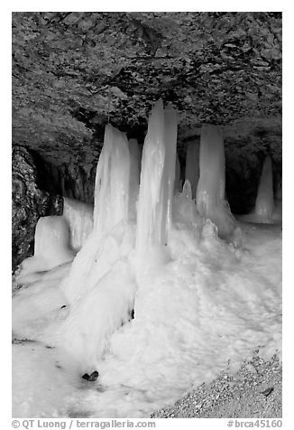 Thick ice stalictites in Mossy Cave. Bryce Canyon National Park (black and white)