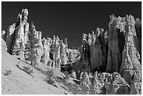 Hoodoos seen from below. Bryce Canyon National Park, Utah, USA. (black and white)