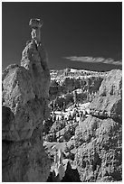 Hoodoos capped by dolomite rocks and amphitheater. Bryce Canyon National Park, Utah, USA. (black and white)