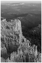 Rock formations and forest near Yovimpa Point. Bryce Canyon National Park, Utah, USA. (black and white)