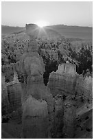 Sun rising behind Thor Hammer. Bryce Canyon National Park, Utah, USA. (black and white)