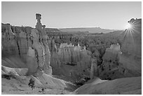 Thor Hammer and rising sun. Bryce Canyon National Park, Utah, USA. (black and white)