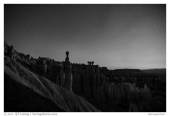 Thor Hammer and amphitheater at night. Bryce Canyon National Park (black and white)