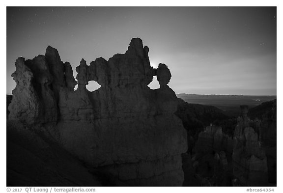 Hoodoos at night with backlight from moon. Bryce Canyon National Park (black and white)