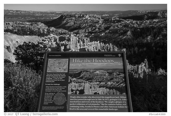 Hike the Hoodoos Rim Trail interpretive sign. Bryce Canyon National Park (black and white)
