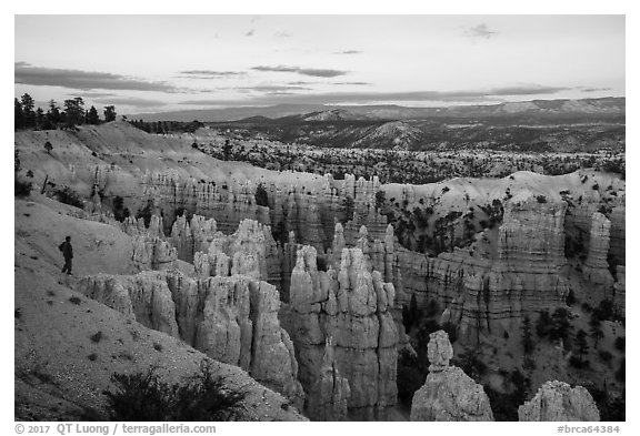 Visitor looking, near Fairyland Point. Bryce Canyon National Park (black and white)