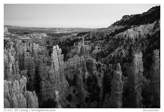 Hooodoos and canyon at dusk, Fairyland Point. Bryce Canyon National Park (black and white)