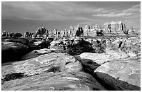 Needles near Elephant Hill, sunrise. Canyonlands National Park, Utah, USA. (black and white)