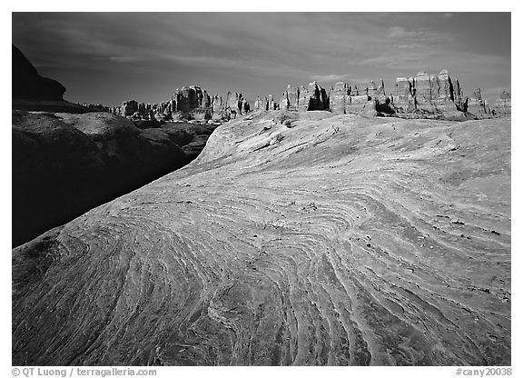 Sandstone swirls and Needles near Elephant Hill at sunrise, the Needles. Canyonlands National Park, Utah, USA.