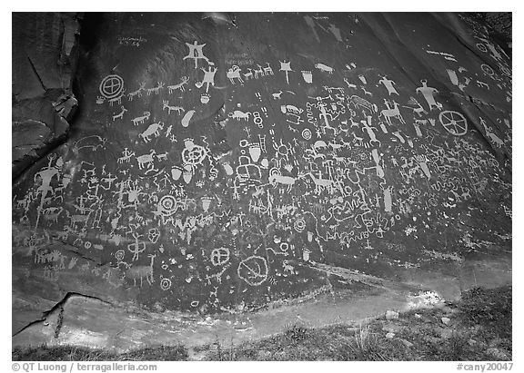 Slab called Newspaper Rock covered with petroglyphs. Bears Ears National Monument, Utah, USA (black and white)