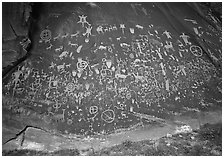 Slab called Newspaper Rock covered with petroglyphs. Utah, USA (black and white)