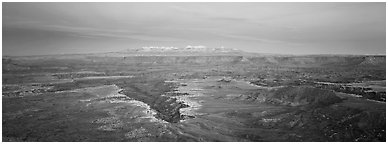 Canyon gorge and mountains in pastel colors, Island in the Sky. Canyonlands National Park (Panoramic black and white)