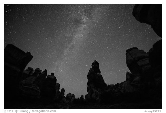 Dollhouse pinnacles and Milky Way, Maze District. Canyonlands National Park, Utah, USA.