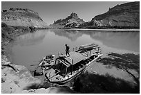 Jetboat and raft at Spanish Bottom. Canyonlands National Park ( black and white)