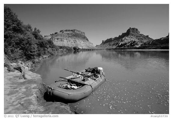 Raft on banks of the Colorado River. Canyonlands National Park, Utah, USA.