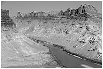 Distant views of rafts floating Colorado River. Canyonlands National Park, Utah, USA. (black and white)