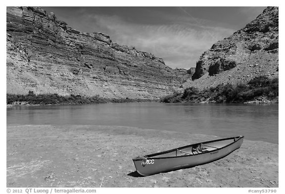 Red Canoe on beach near Confluence. Canyonlands National Park (black and white)