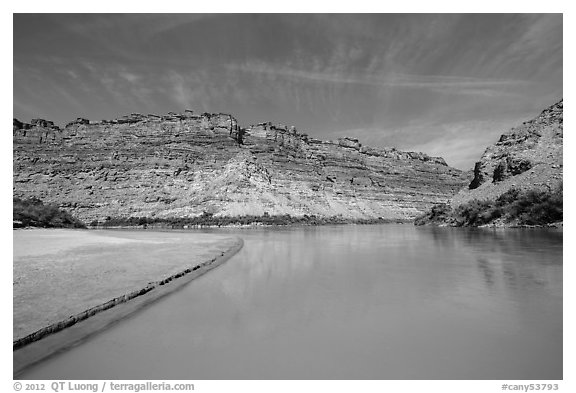 Colorado River and shore near its confluence with Green River. Canyonlands National Park (black and white)