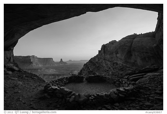 Alcove with False Kiva at sunset. Canyonlands National Park (black and white)