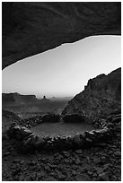 False Kiva stone circle at dusk. Canyonlands National Park, Utah, USA. (black and white)