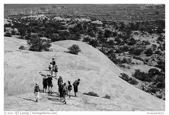 Hikers on Whale Rock. Canyonlands National Park, Utah, USA.